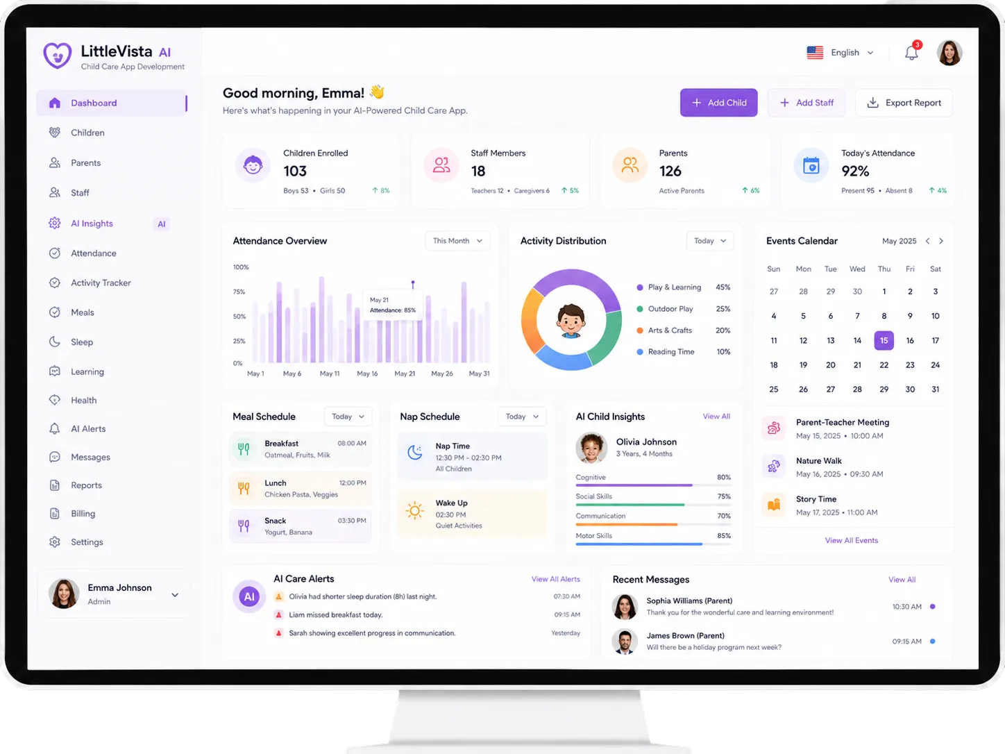 AI Powered Childcare panel screens