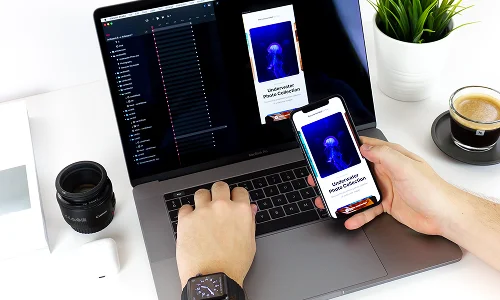 Mobile application preview on a laptop and smartphone