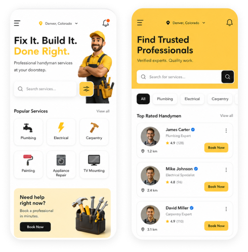 Handyman app customer panel screens