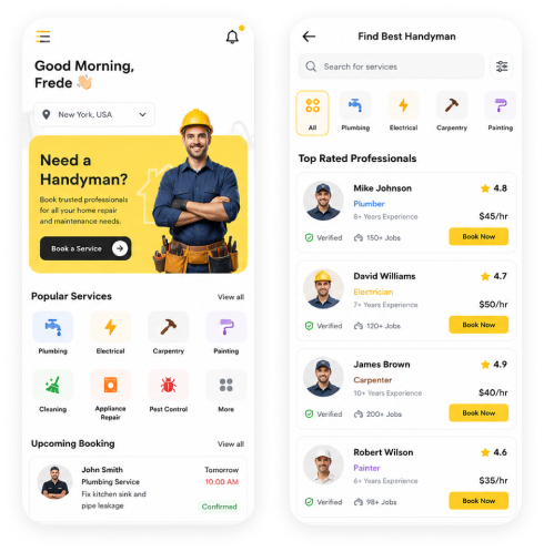 Handyman app service provider panel screens