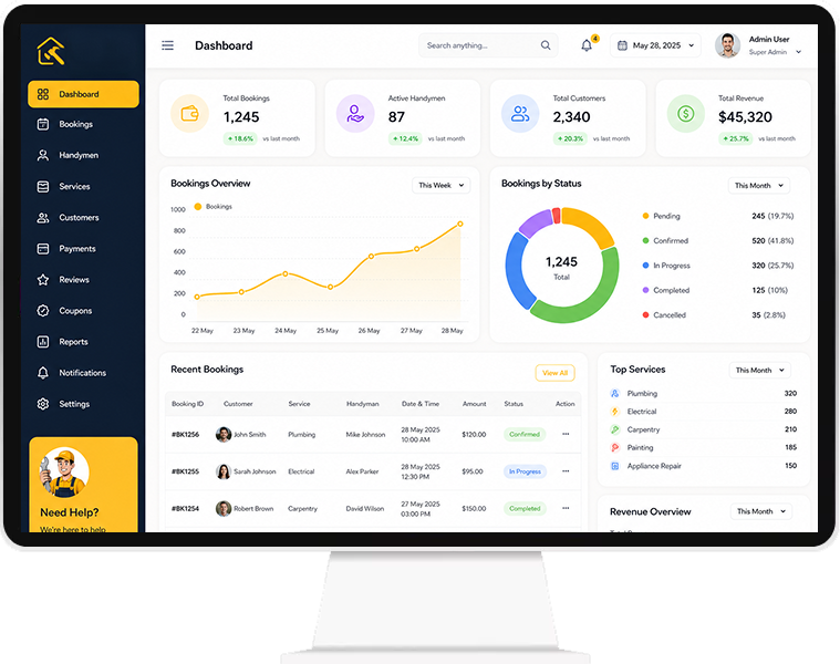 Handyman app admin dashboard screen