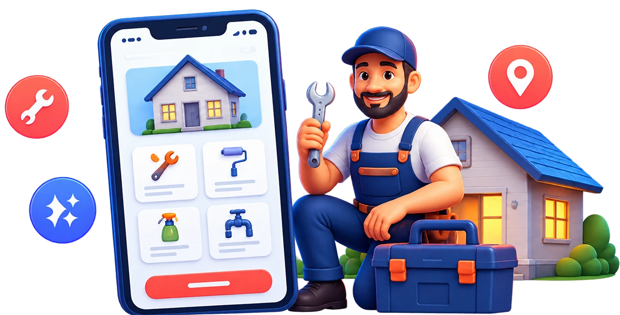 Handyman professional beside a home-service app, house and toolkit