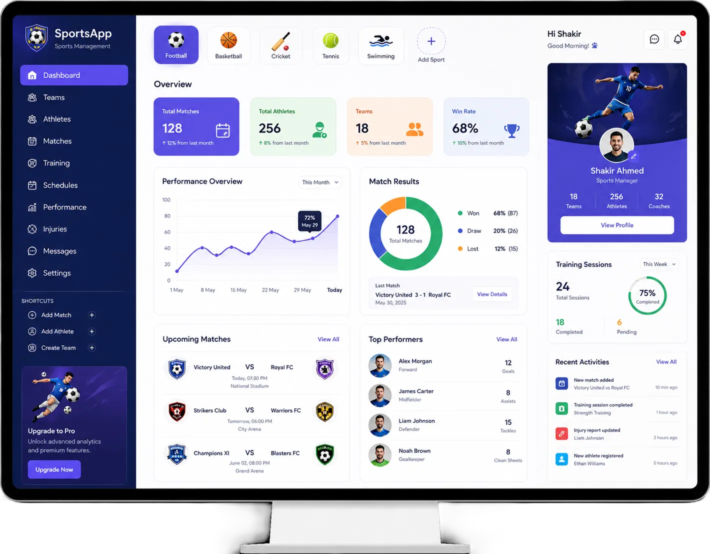 Sports App Development panel screens