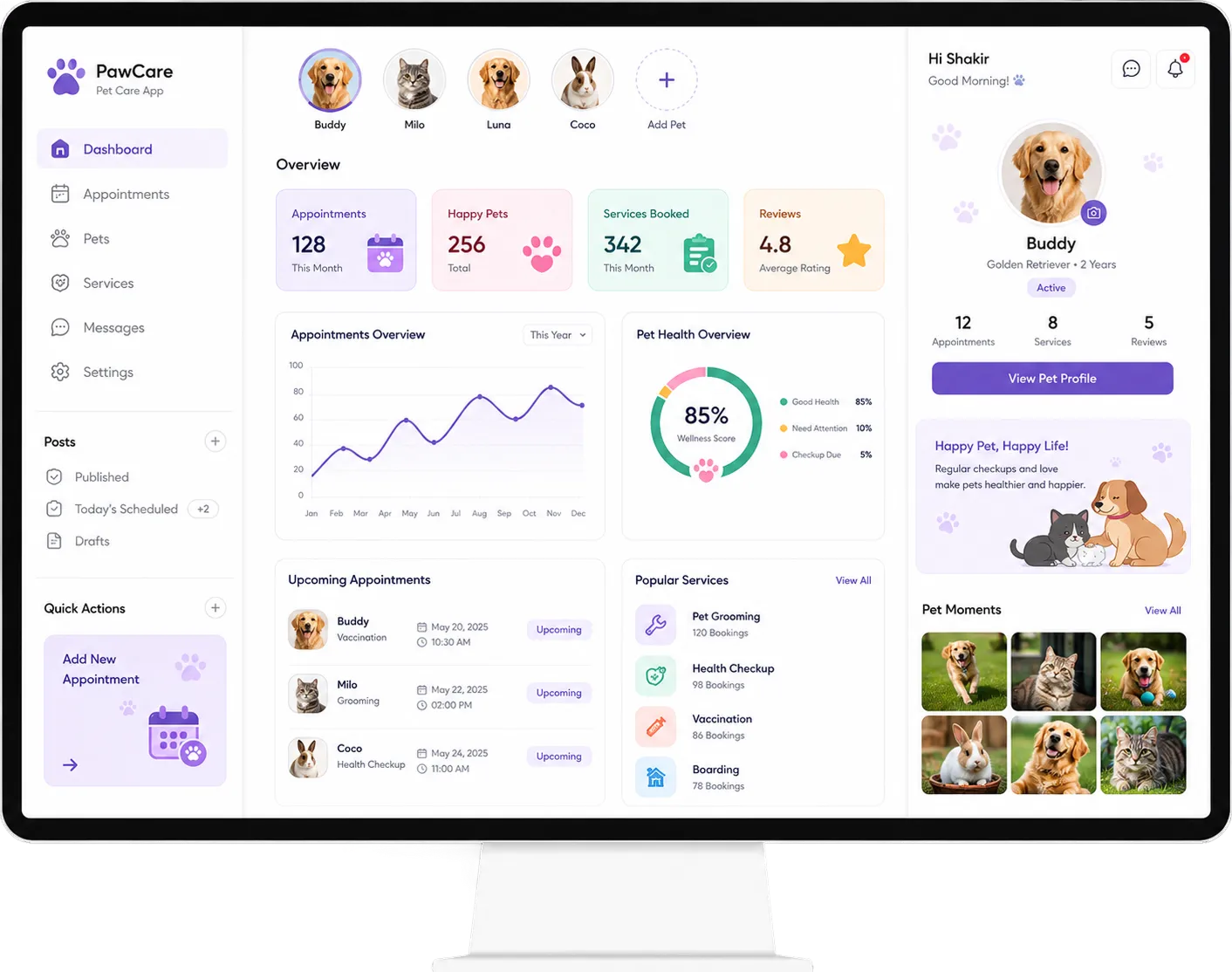 Admin Pet Care dashboard screen