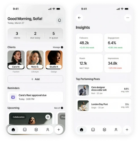 Social media admin dashboard screens
