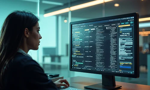 Developer working on a laptop with an Android logo