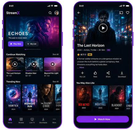 Video streaming viewer app screens